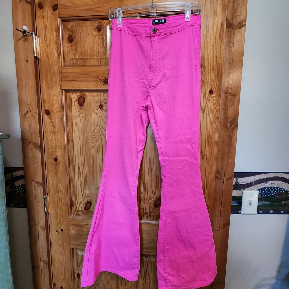 JC & JQ Hot Pink Stretchy Bellbottom Jeans, Size XL